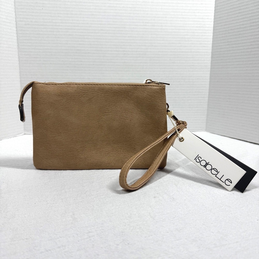 Isabelle Vegan Leather Crossbody Wristlet Tan Triple Compartment PETA Approved‎